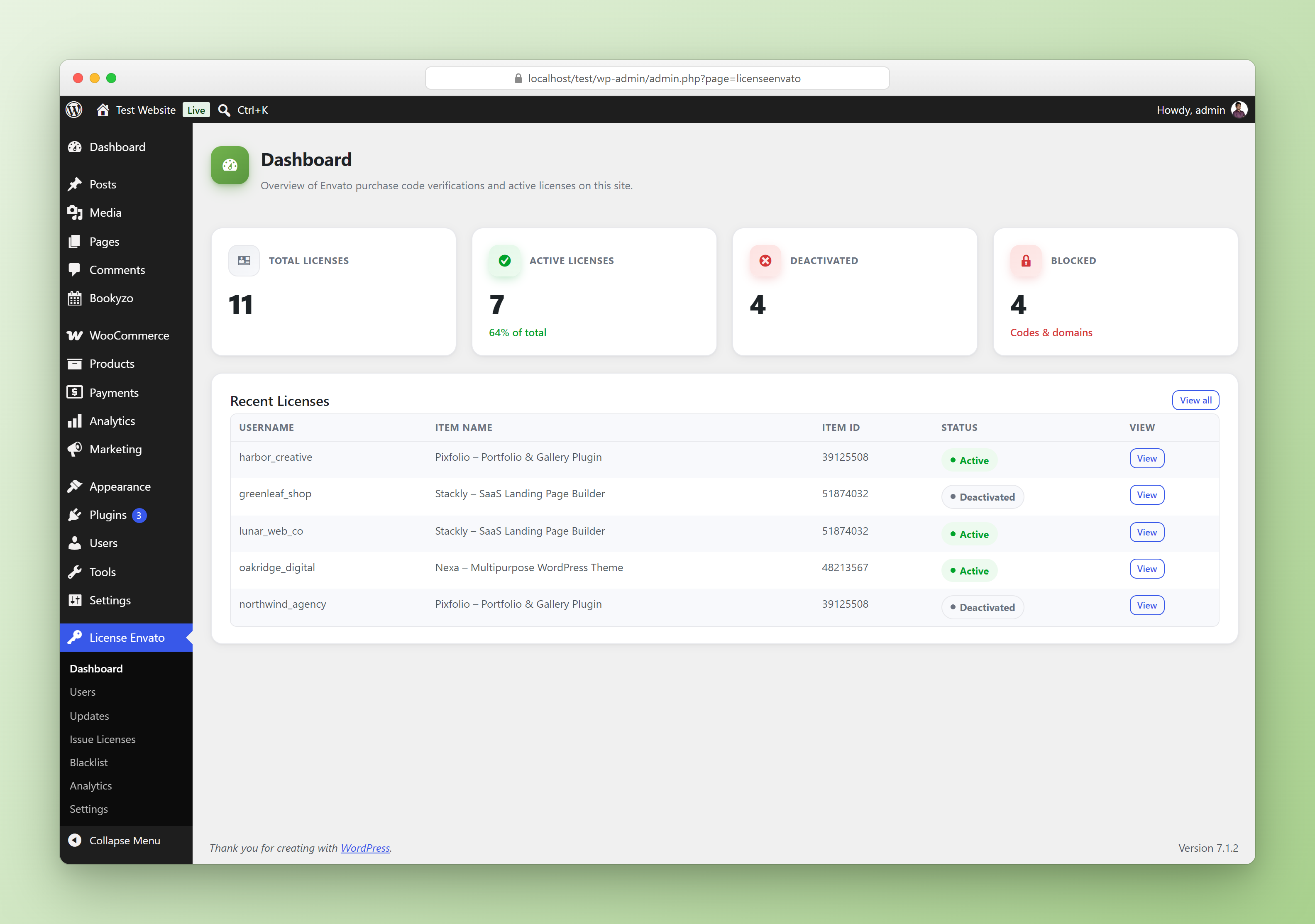 License Envato dashboard with license statistics and recent licenses