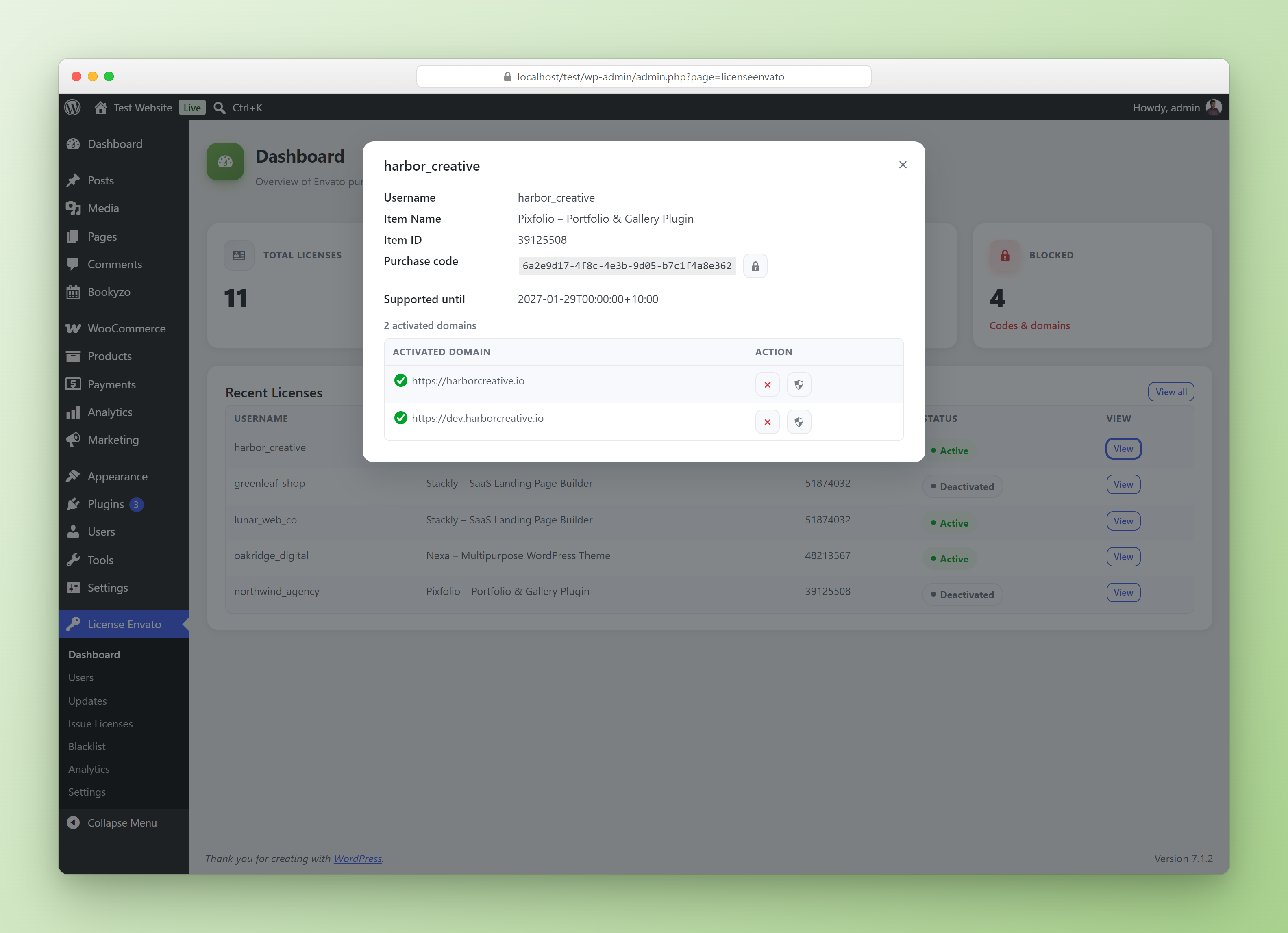 License details popup showing purchase code, support expiry and activated domains