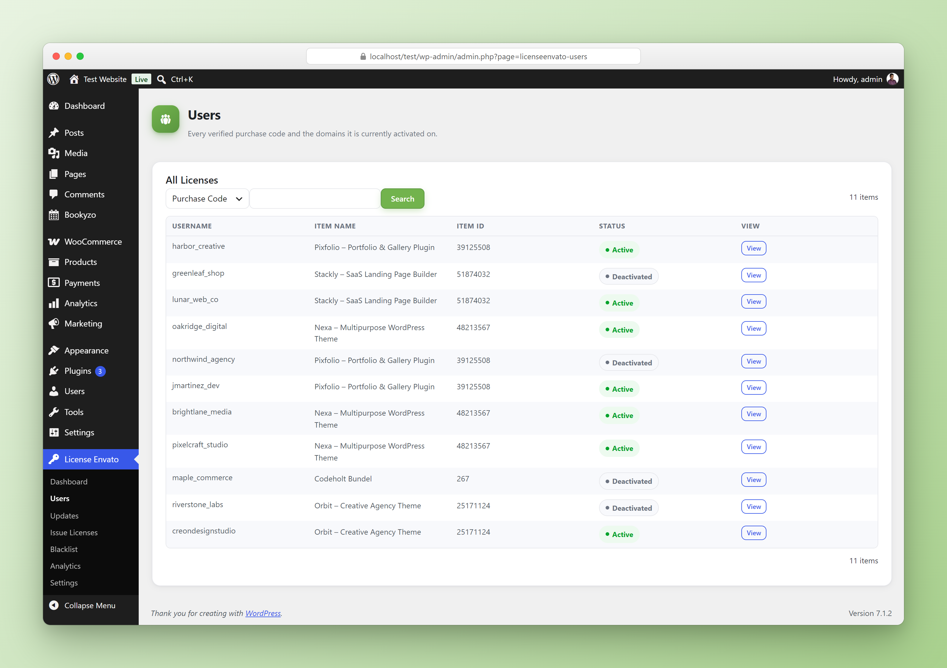 Users list of all licenses with search