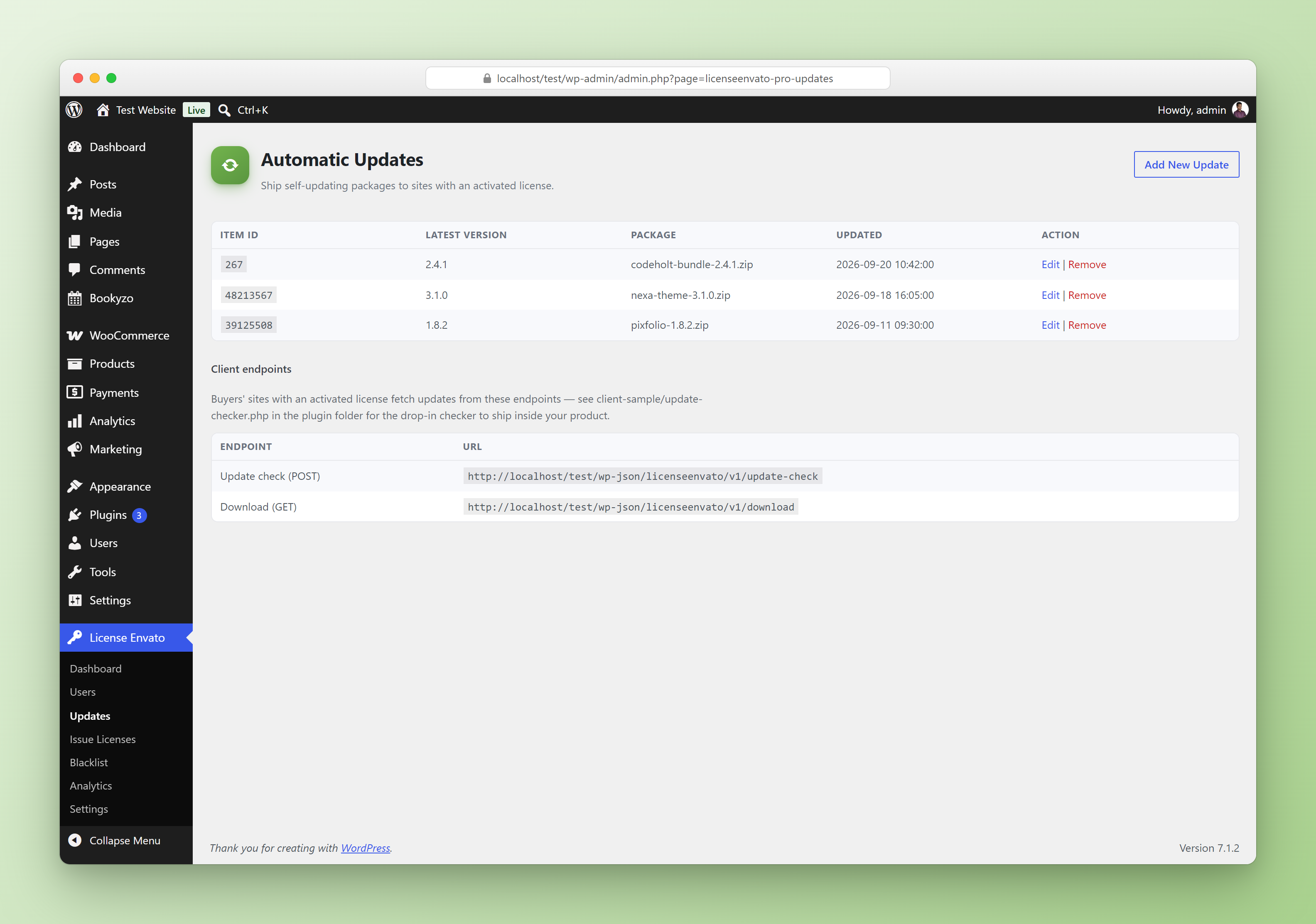 Updates page listing products with version and changelog