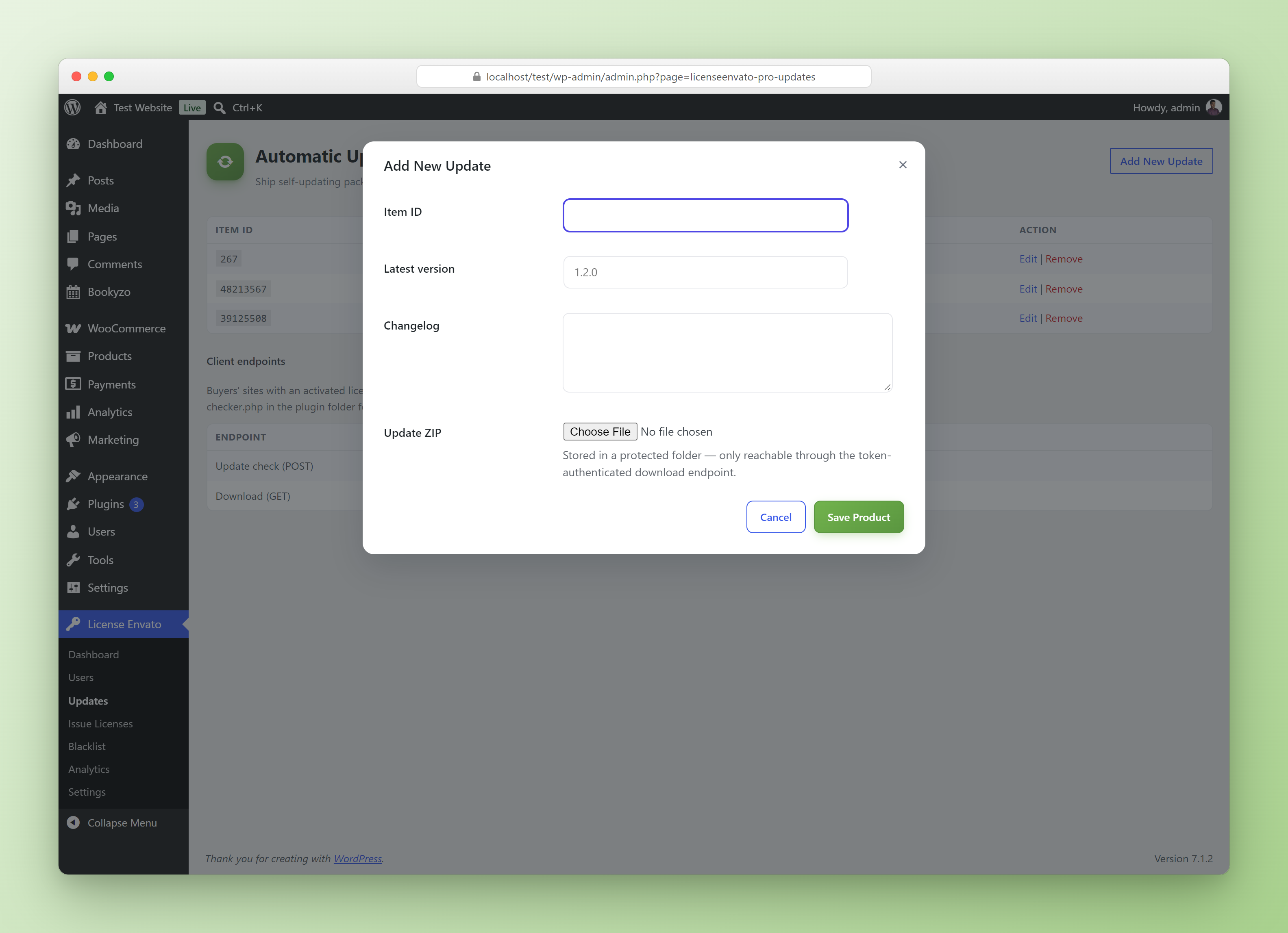 Add New Update dialog with item ID, version, changelog and ZIP upload