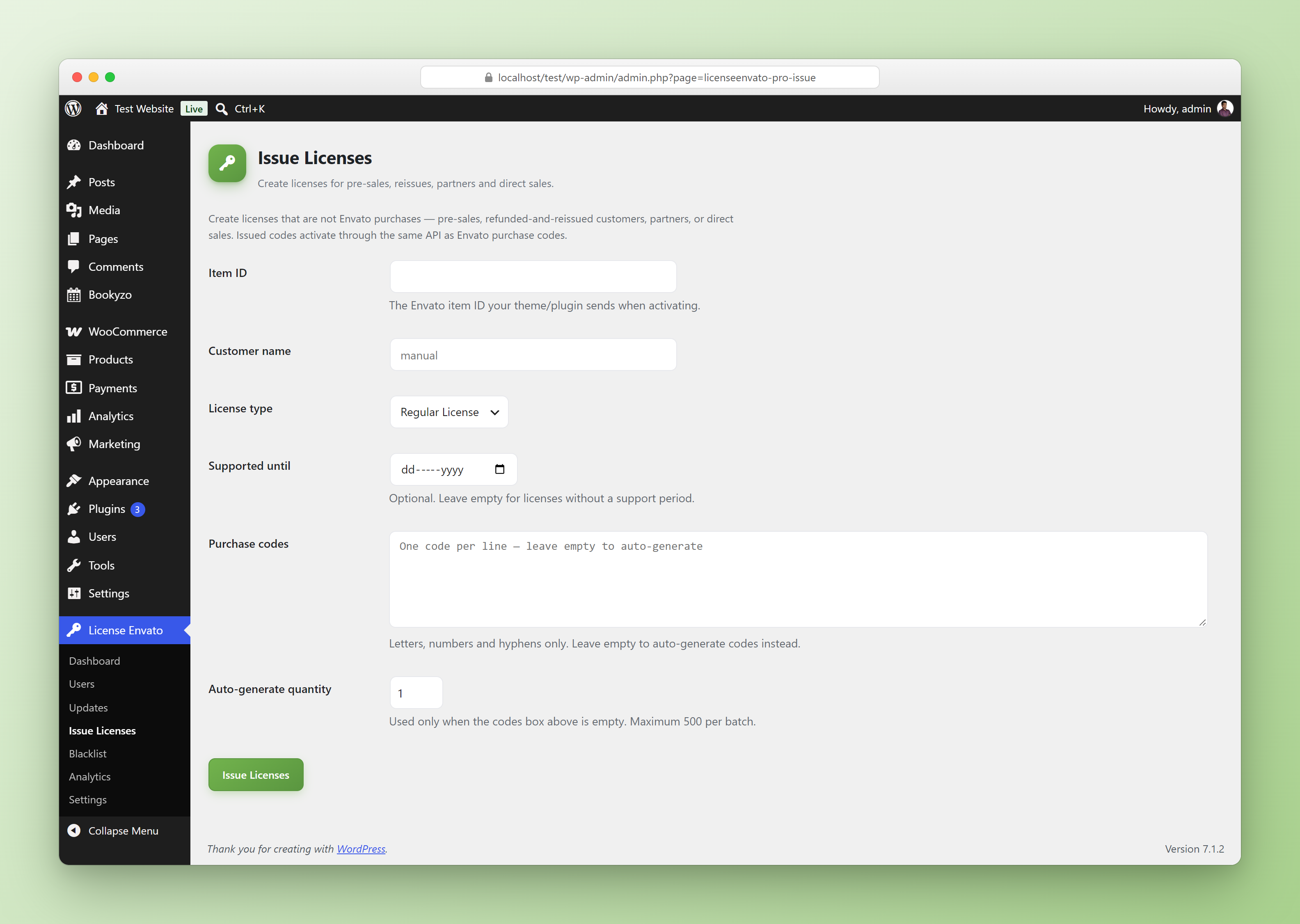Issue Licenses page for manual and bulk license creation
