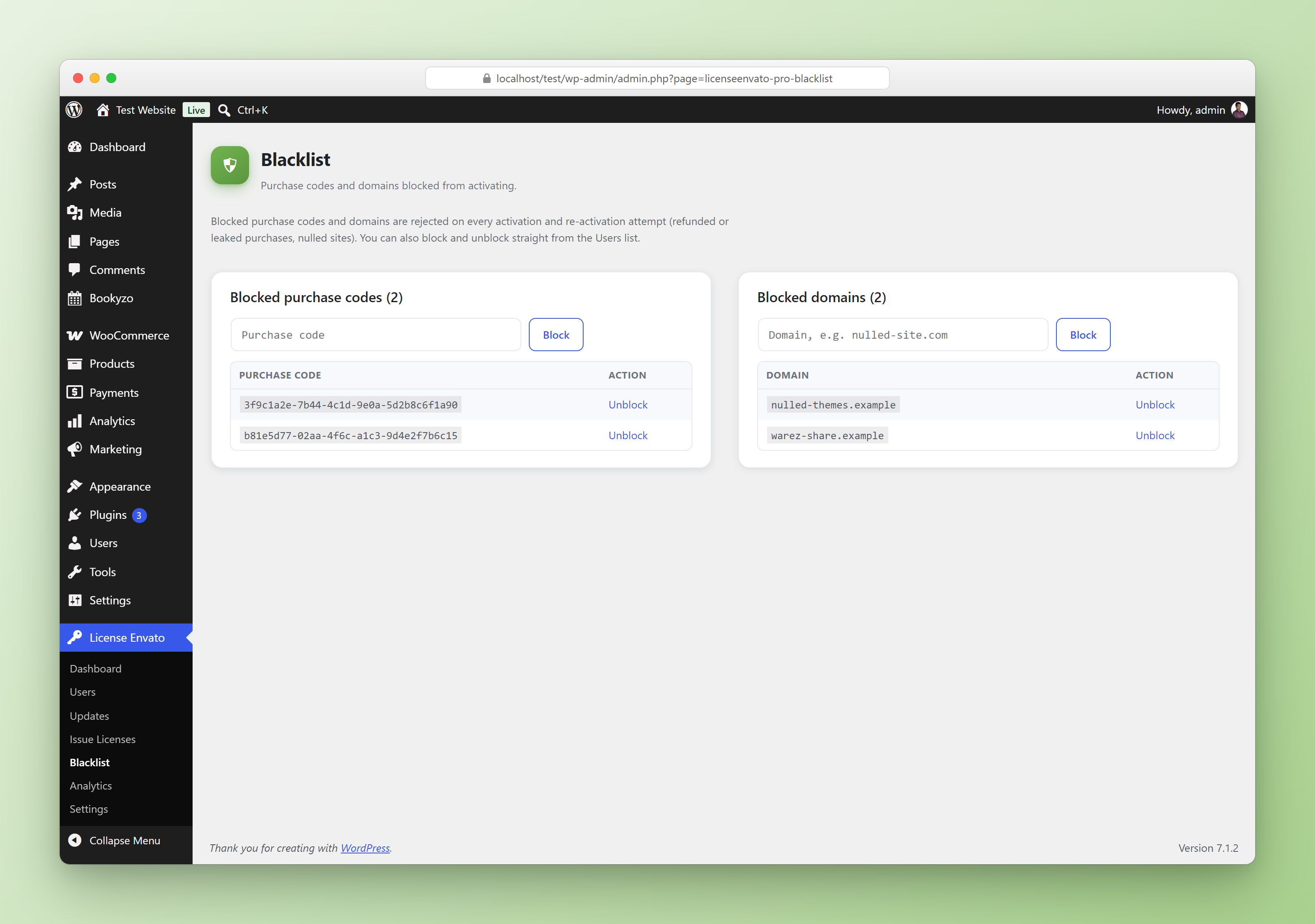 Blacklist page with blocked purchase codes and domains