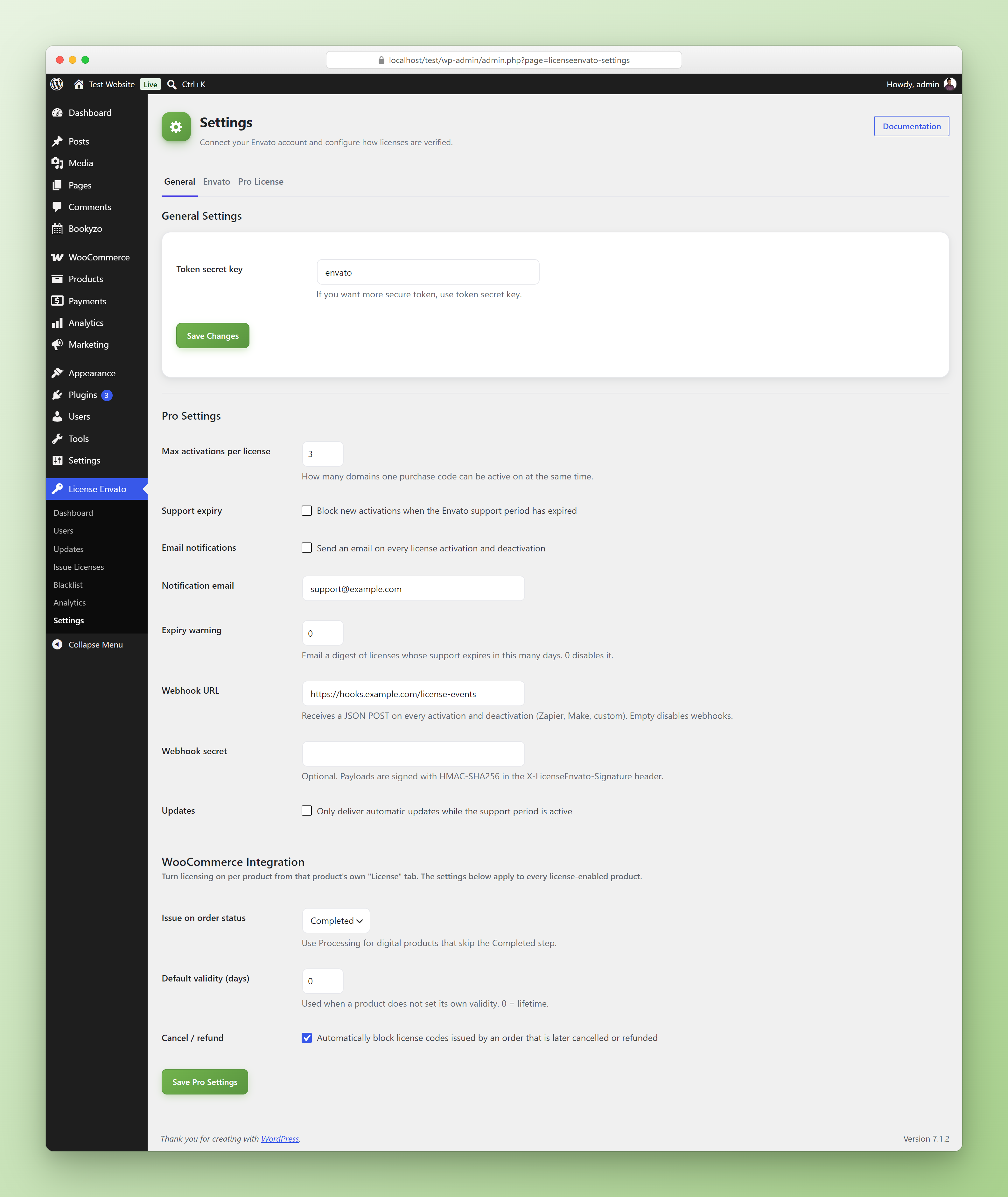 Settings General tab with Pro Settings and WooCommerce Integration