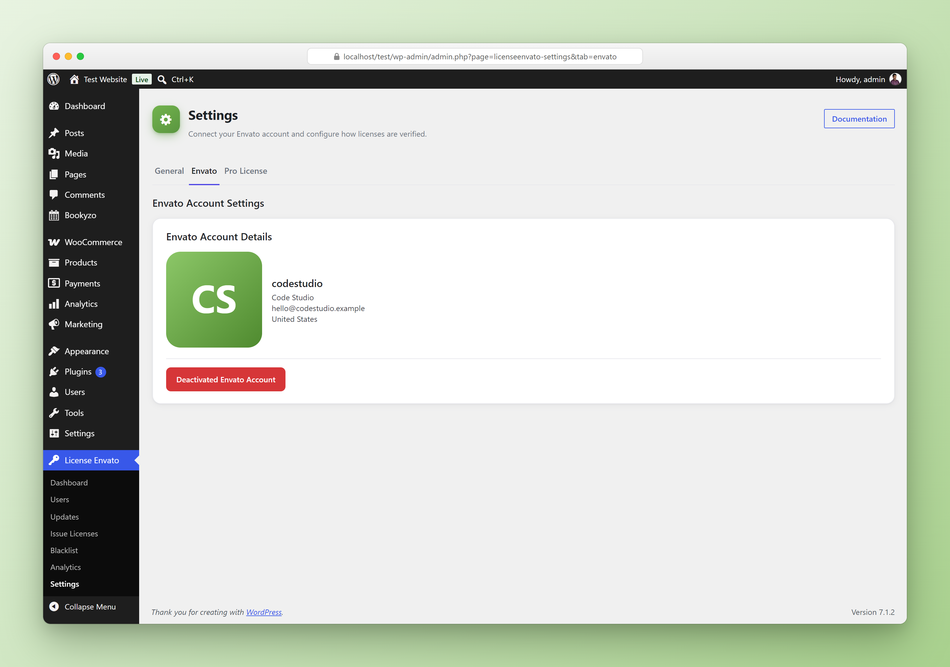 Settings Envato tab with connected account details