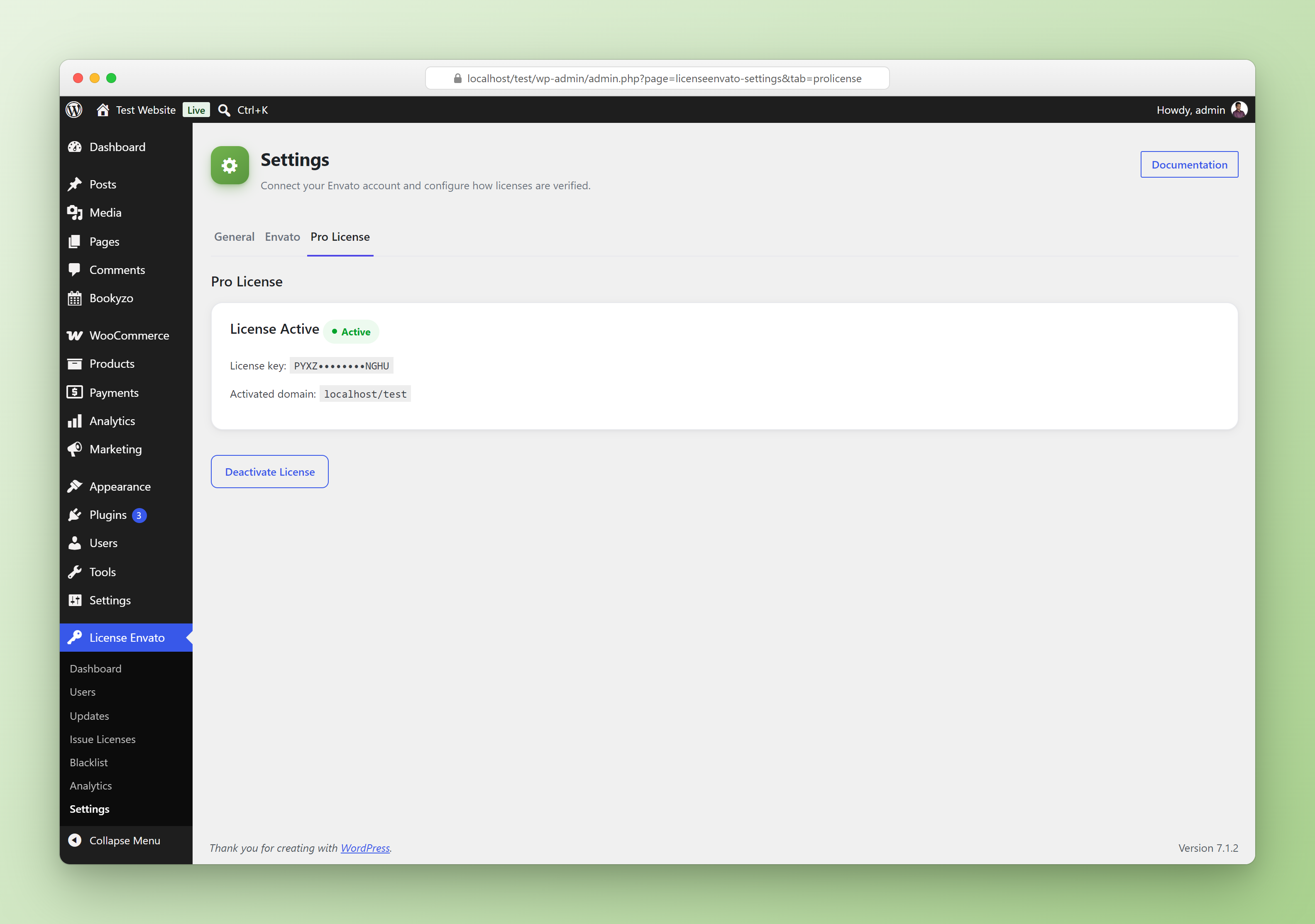 Settings Pro License tab for activating the Pro purchase code