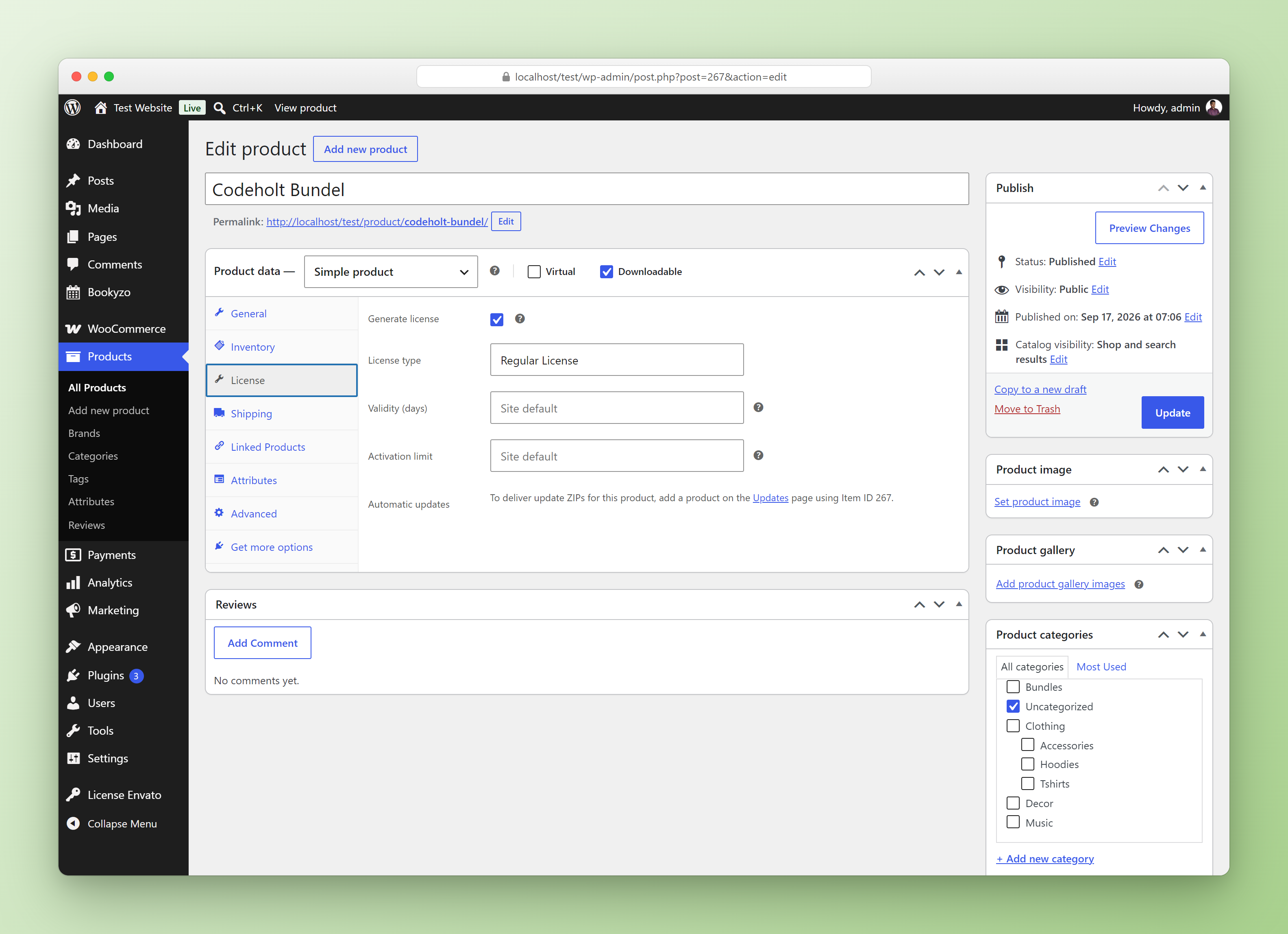 WooCommerce product edit screen with the License tab