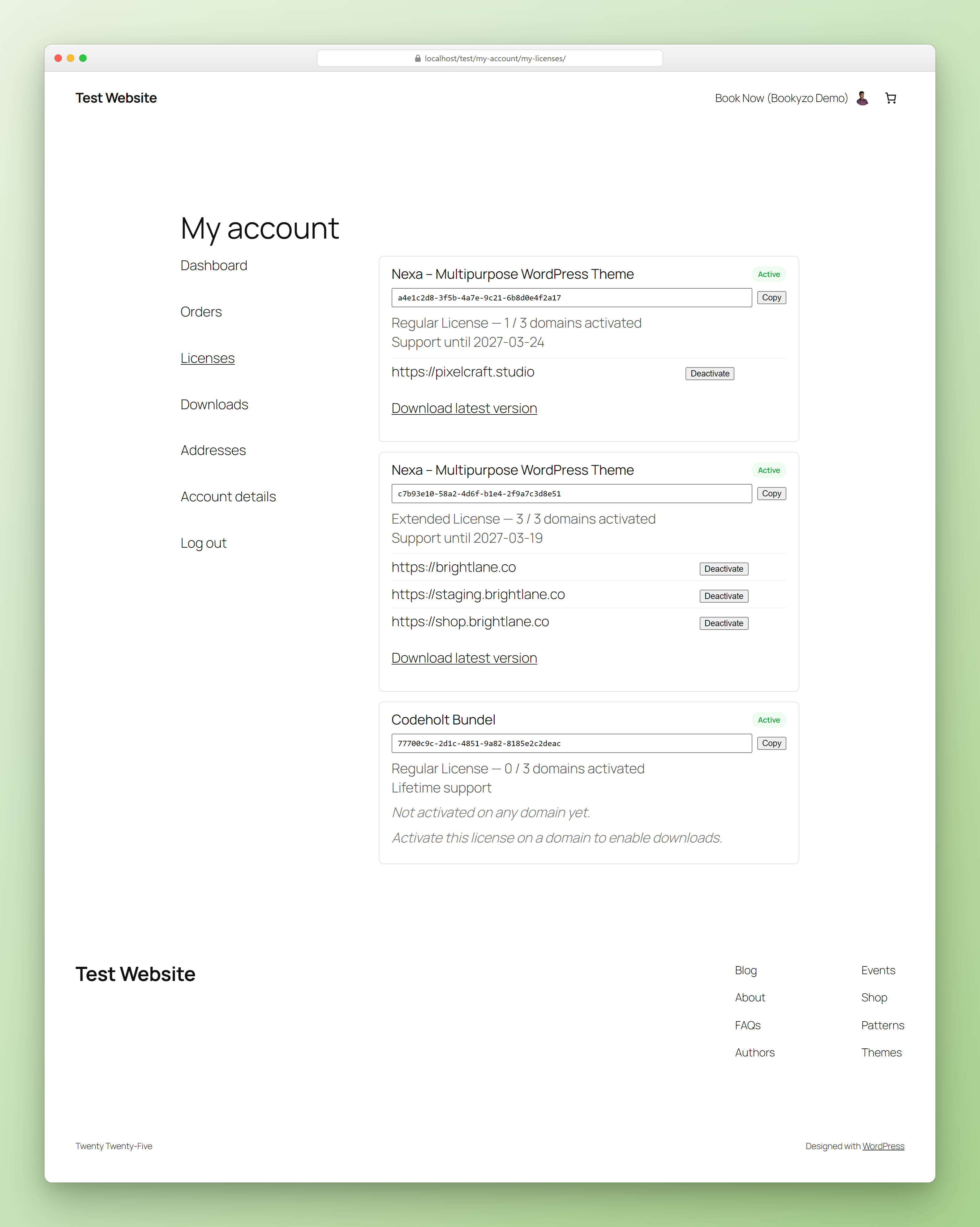 WooCommerce My Account Licenses tab listing license keys and activated domains